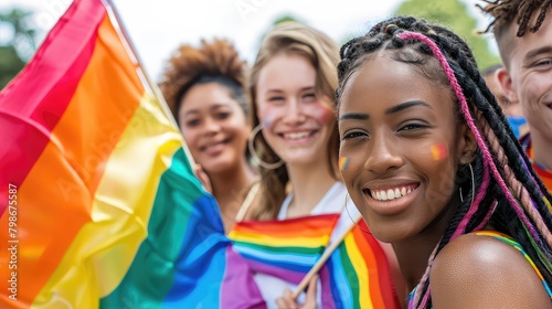A group of friends holding rainbow flags and smiling in solidarity.