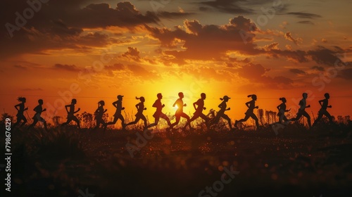 Silhouettes of diverse athletes running together during a marathon at dawn, symbolizing teamwork and endurance © Sasint