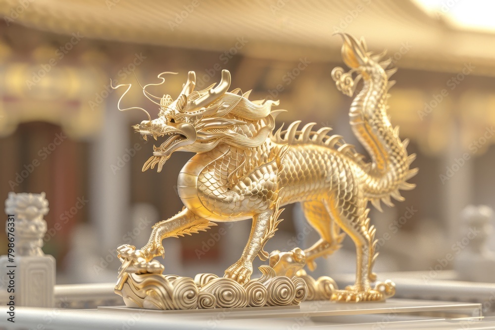 Fototapeta premium A colorful dragon with long horns stands on a rock
