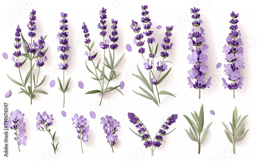 Spring lavender flower bouquet. Isolated realistic petals  flowers  branches  leaves vector set.