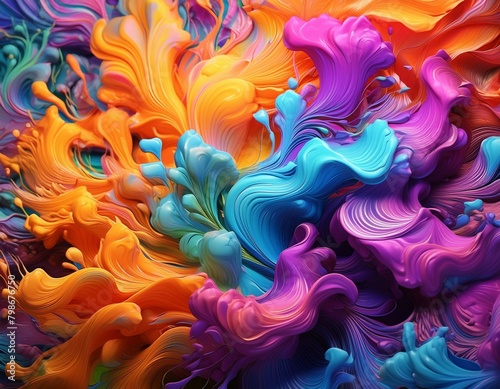abstract painting of swirling colors, primarily in the rainbow spectrum, with bright orange, red, purple, and blue. The colors create a sense of movement and fluidity, almost like they are in motion. photo