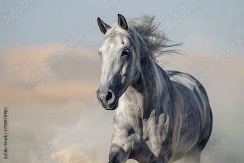 Graceful Grey Horse  Dancing with Freedom in the Desertistique