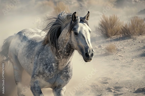 Grey Horse Galloping  Beauty and Freedom in the Desert Wilderness