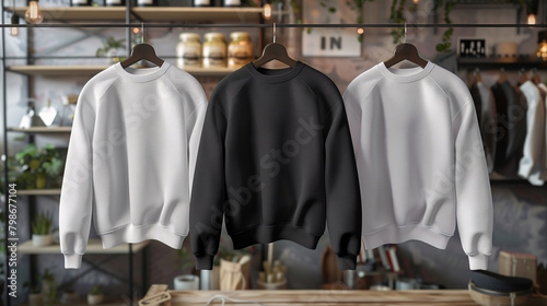 Mockup of clothes collections for an advertisement, poster, or art design. Three basic white, grey, and black hanging sweaters are displayed on a shop background.