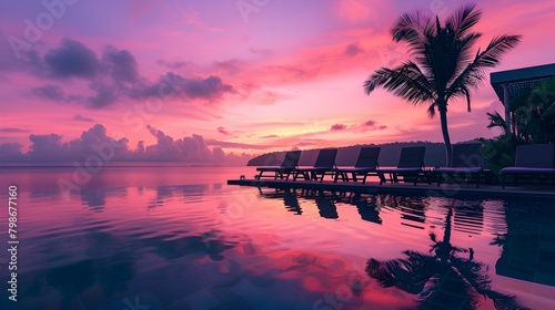 Idyllic resort pool at dusk with perfect sunset reflection and cozy lounge chairs for evening © pkproject