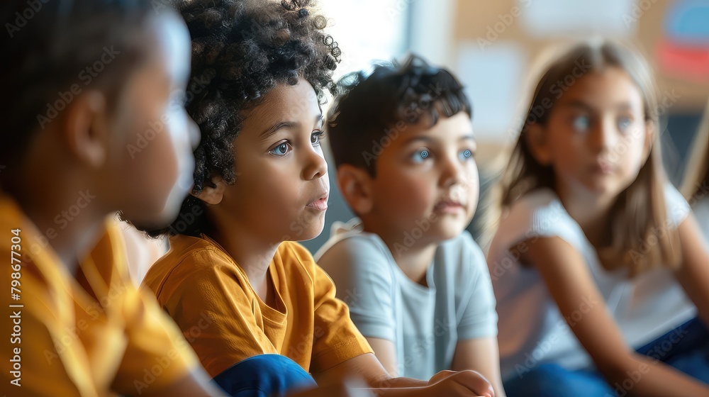 A side view of children engaging in a dialogue about important issues affecting them, promoting critical thinking and awareness. A side view of children engaging in a dialogue about important issues affecting them, promoting critical thinking and awareness.