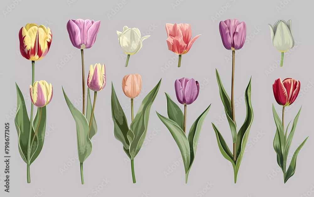 Spring tulip bouquet. Isolated realistic petals, flowers, branches, leaves vector set. 