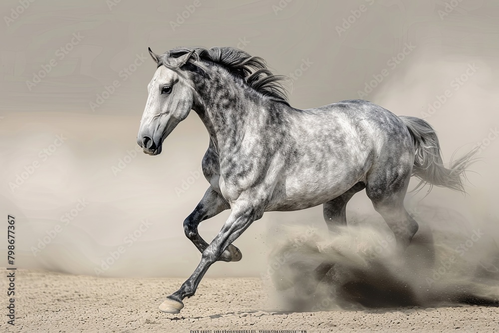 Obraz premium Wild Spirit: A Grey Horse Galloping in the Heart of the Desert