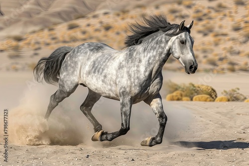 Wild Grey Horse Galloping Freely through Desert, Dust Cloud Storm in Majestic Flight