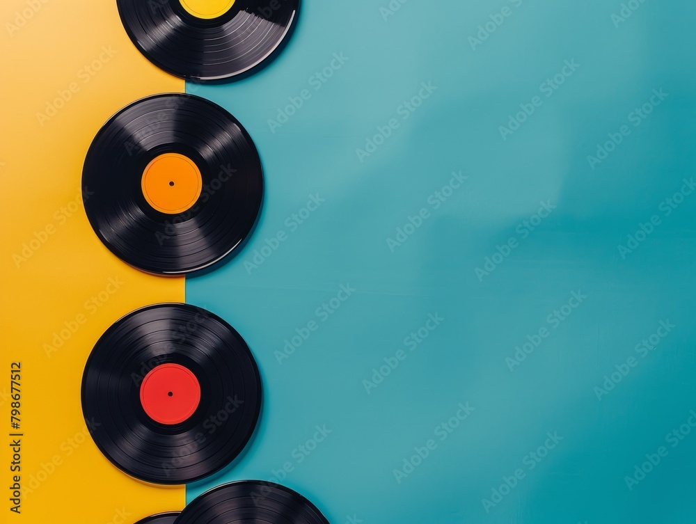 Black vinyl record on a blue and yellow background. Black vinyl record on a blue and yellow background.