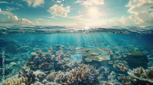 A vibrant underwater scene of a coral reef teeming with diverse marine life, illuminated by rays of sunlight piercing the ocean surface. photo