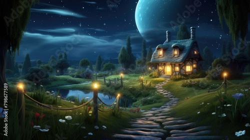 Enchanted Nighttime Cottage in Moonlit Serenity