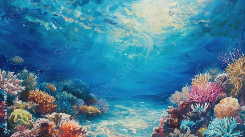 A vibrant underwater scene of a coral reef teeming with diverse marine life, illuminated by rays of sunlight piercing the ocean surface.