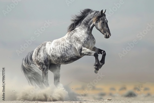 Desert Freedom: Majestic Grey Horse Rearing with Dust Swirls