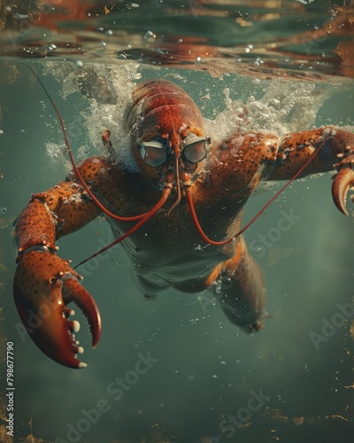 A lobster-man hybrid wearing a snorkel swims underwater