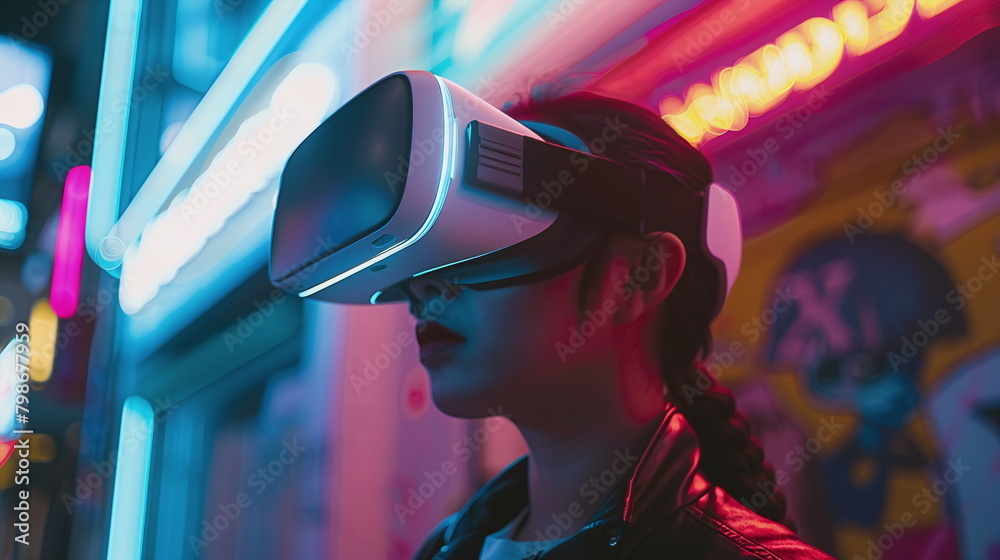 Young person wears virtual reality glasses and plunges into a dream world