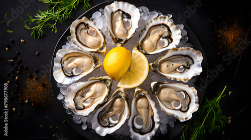 Fresh oysters with lemon caviar and ice. Restaurant