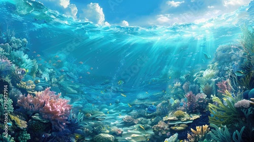 A vibrant underwater scene of a coral reef teeming with diverse marine life  illuminated by rays of sunlight piercing the ocean surface.