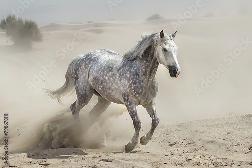 Galloping Grace: A Majestic Grey Horse's Wild Desert Run