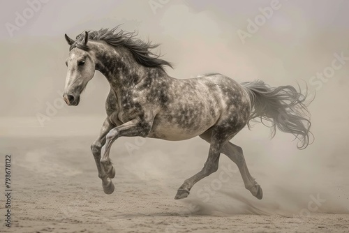Grey Horse's Majestic Leap: A Desert Dust and Mane Spectacle of Wild Freedom
