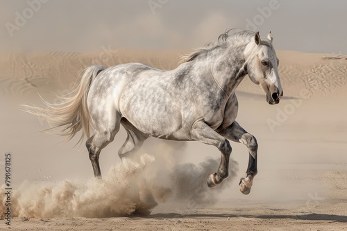 Grey Horse's Majestic Leap: Wild Freedom and Powerful Grace in Sandy Expanse © Michael