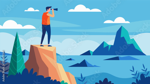 A man standing at the edge of a cliff capturing a stunning landscape with his camera while also practicing mindful breathing techniques..