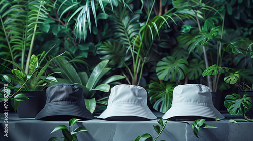 Mockup of clothes collections for an advertisement, poster, or art design. Three basic white, grey, and black bucket hats are displayed on a plant and decorations background. photo