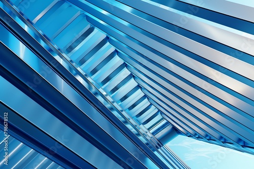 Blue Metallic Diagonal Slat Wave Abstract Background: Sky-Metal Blend Architectural Screen