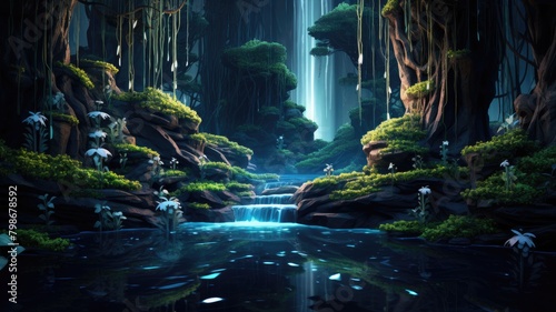 Enchanted Forest Waterfall Oasis  A Serene Mystical Retreat