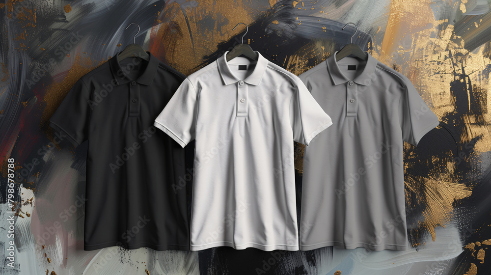 Mockup of clothes collections for an advertisement, poster, or art design. Three basic white, grey, and black polo shirts are displayed on an abstract art paint background.