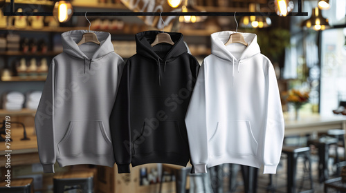 Mockup of clothes collections for an advertisement, poster, or art design. Three basic white, grey, and black hoodies are displayed on a shop background. photo
