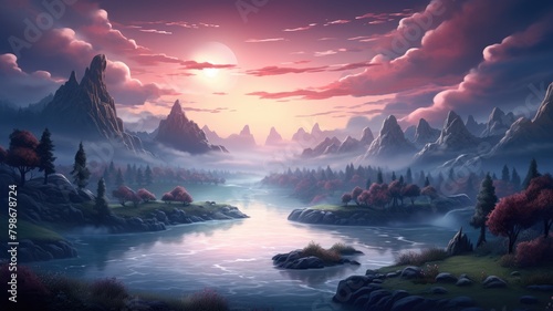 Breathtaking illustration of a serene and mystical landscape during sunset with majestic mountains, tranquil river, and lush greenery