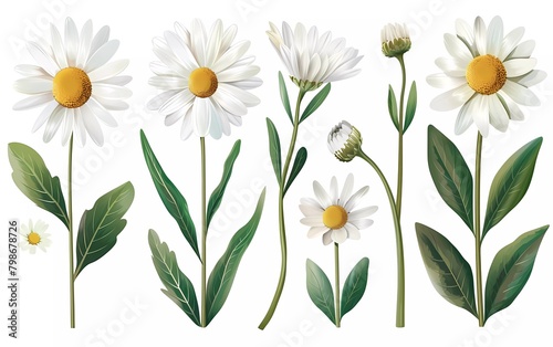 Spring daisy bouquet. Isolated realistic petals, flowers, branches, leaves vector set.  photo