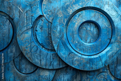 Abstract Blue Metal Screen with Circular & Geometric Shapes - Modern Textured Background