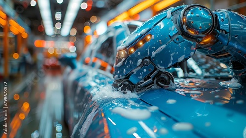 The robot arm washes the blue car at the car wash shop, Generated by AI