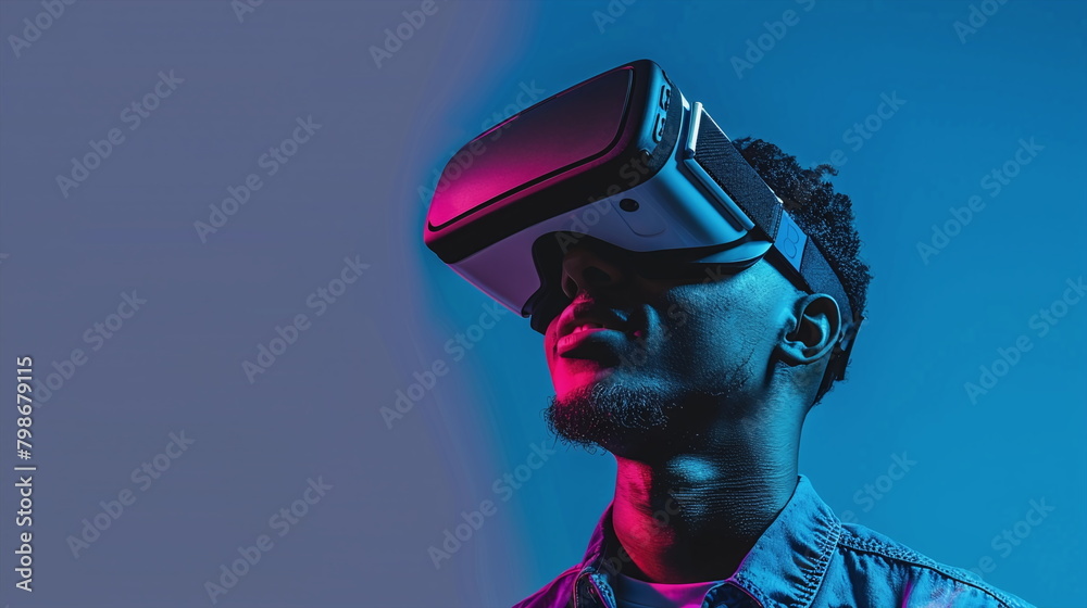 Young person wears virtual reality glasses and plunges into a dream world Young person wears virtual reality glasses and plunges into a dream world