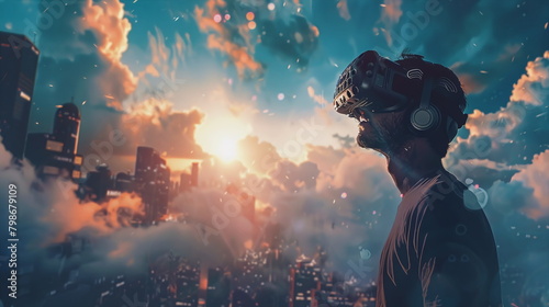 Young person wears virtual reality glasses and plunges into a dream world photo
