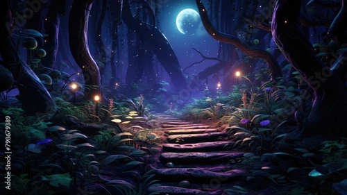 Enchanted Moonlit Forest Pathway: A Magical Night’s Journey photo