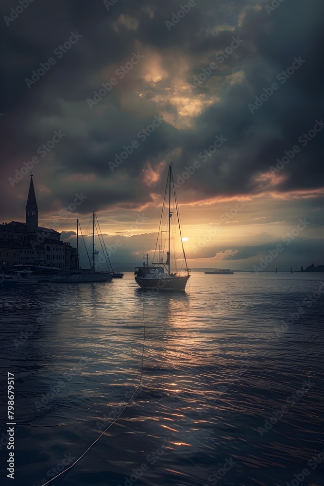 Serene Gothic Harbor Sunset with Moored Sailboats and Dramatic Sky Reflections