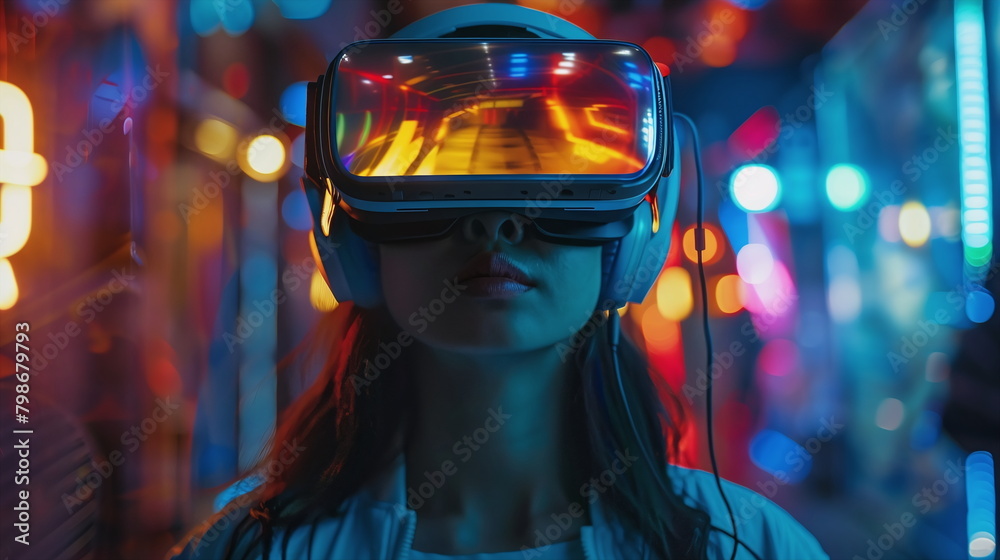Young person wears virtual reality glasses and plunges into a dream world Young person wears virtual reality glasses and plunges into a dream world