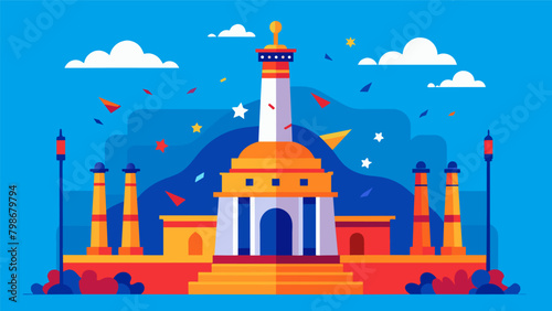 The grandeur of the monument is elevated even further during Independence Day celebrations with its otherwise stoic facade adorned in vibrant. Vector illustration