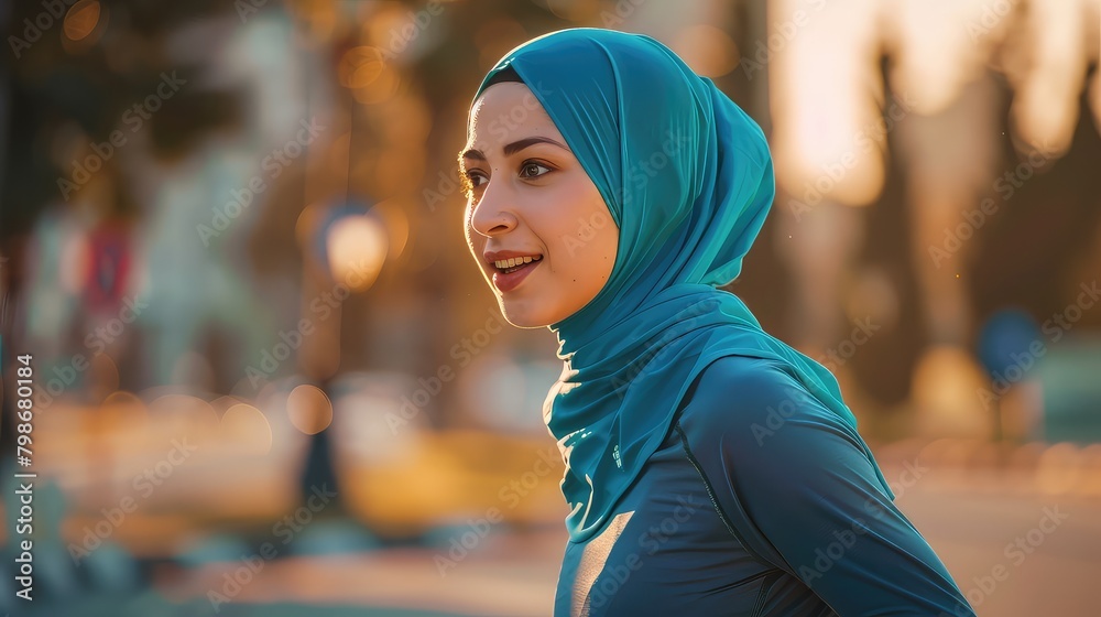 A dynamic shot of a Muslim woman participating in a sports activity. A dynamic shot of a Muslim woman participating in a sports activity.