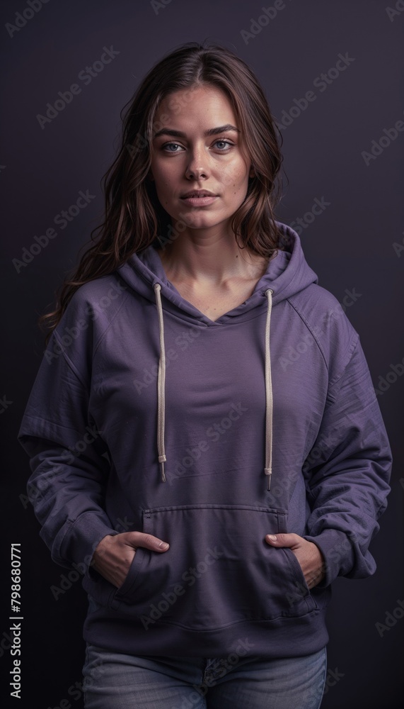 Portrait of a young woman in a blank purple hoodie looking at the camera. Mockup design concept Portrait of a young woman in a blank purple hoodie looking at the camera. Mockup design concept