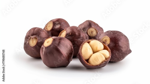 Open chestnuts revealing inner nut, brown tones, on white background