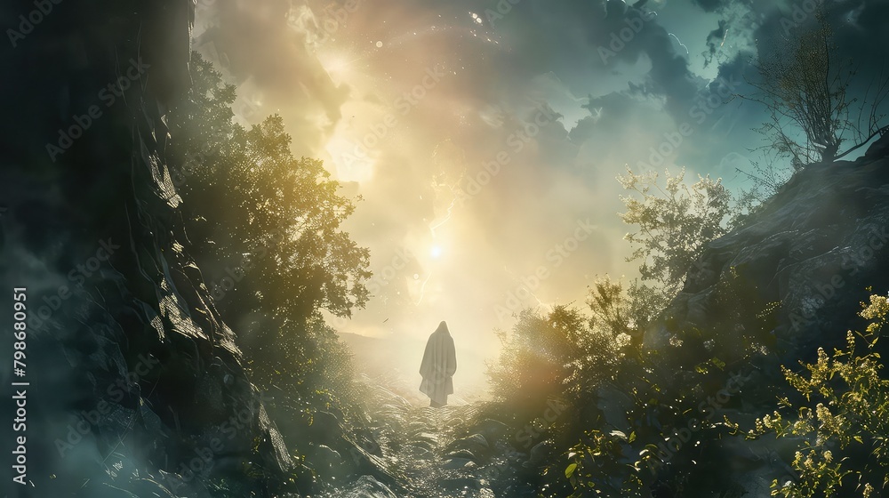 A spiritual concept of Jesus Christ's resurrection, captured in a serene and ethereal setting. A spiritual concept of Jesus Christ's resurrection, captured in a serene and ethereal setting.