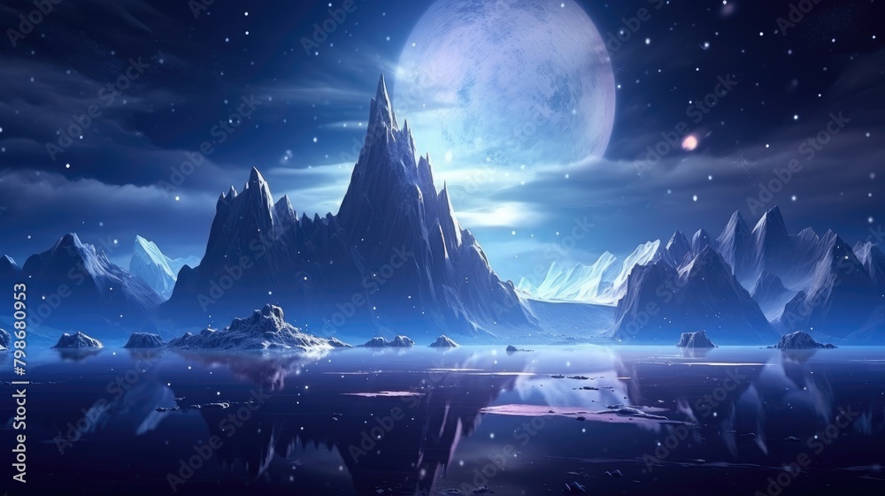 Fototapeta premium Moonlit Majesty: Iceberg Peaks’ Nighttime Splendor