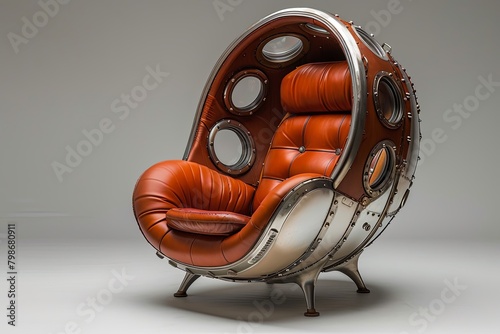 chair made of Spaceship parts, surrealism, creative furniture design.