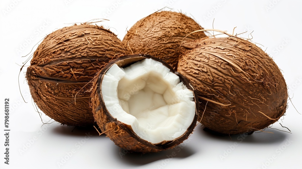 Coconuts on White Background, Tropical Food Concept, with Copy Space Coconuts on White Background, Tropical Food Concept, with Copy Space
