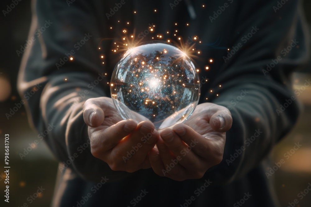 Fototapeta premium Hands gently envelop a glass orb filled with a starry sky, igniting a sense of wonder and the unknown