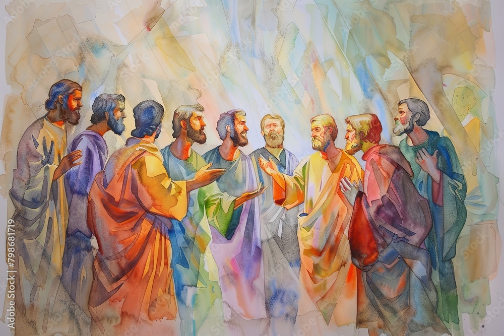 Biblical Christian Disciples in Holy Watercolor Church Scene
